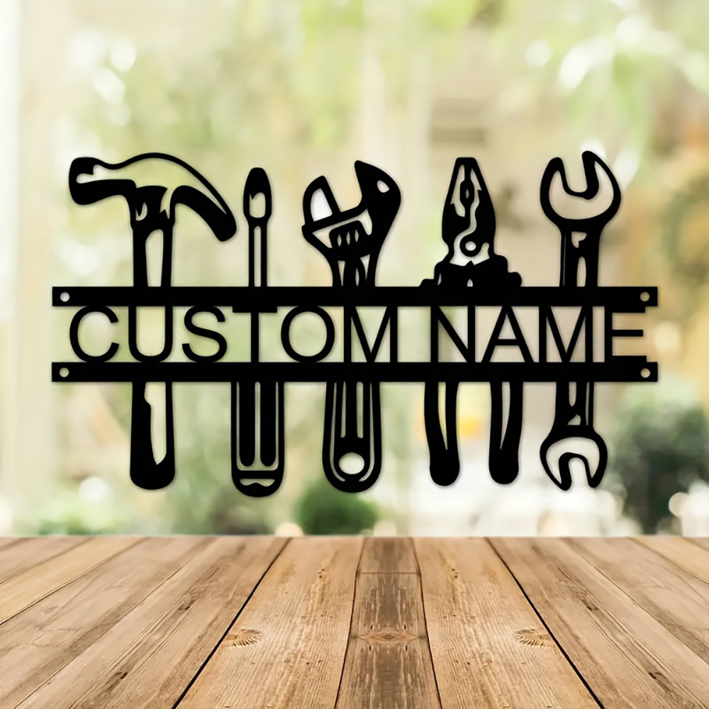 Workshop Tools Name - ป้ายโลหะตกแต่งผนังสไตล์อินดัสเทรียล ดีไซน์เครื่องมือช่าง ทำจากเหล็ก ตกแต่งบ้านและโรงรถ ตกแต่งห้องทำงาน