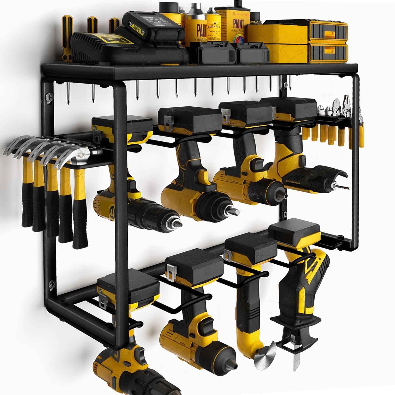 Power Tools In Workshop - ชั้นวางเครื่องมือโลหะแบบแขวนผนังสำหรับงานหนัก 3 ชั้น พร้อมที่เก็บสว่านไฟฟ้า 8 ช่อง