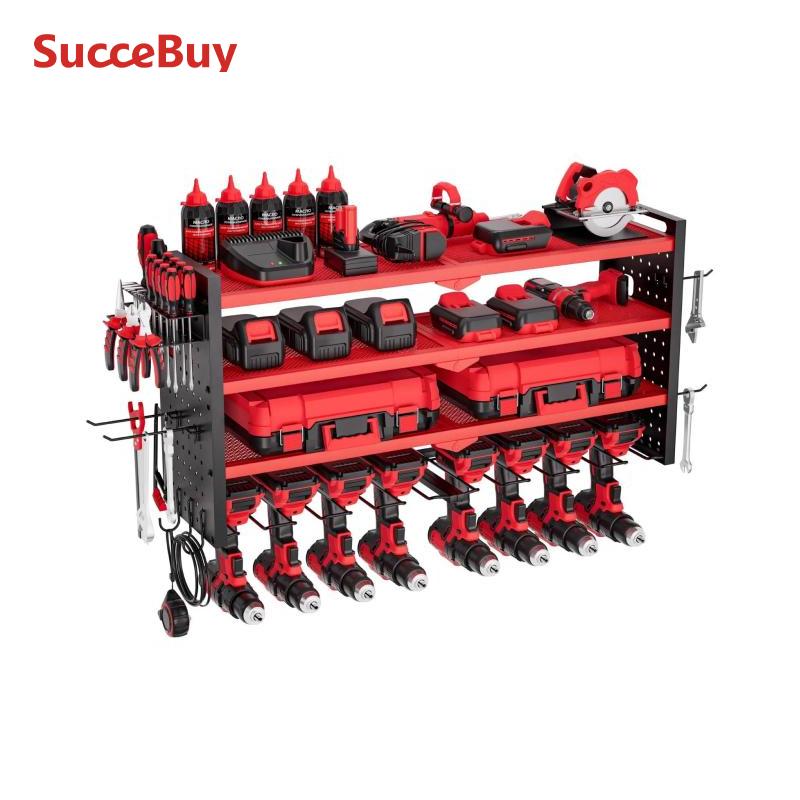 Power Tools In Workshop - ชั้นวางอุปกรณ์เครื่องมือช่างแบบติดผนัง 4 ชั้น SucceBuy พร้อมแผงแขวนเก็บสว่านไฟฟ้า สำหรับโรงรถและห้องทำงาน