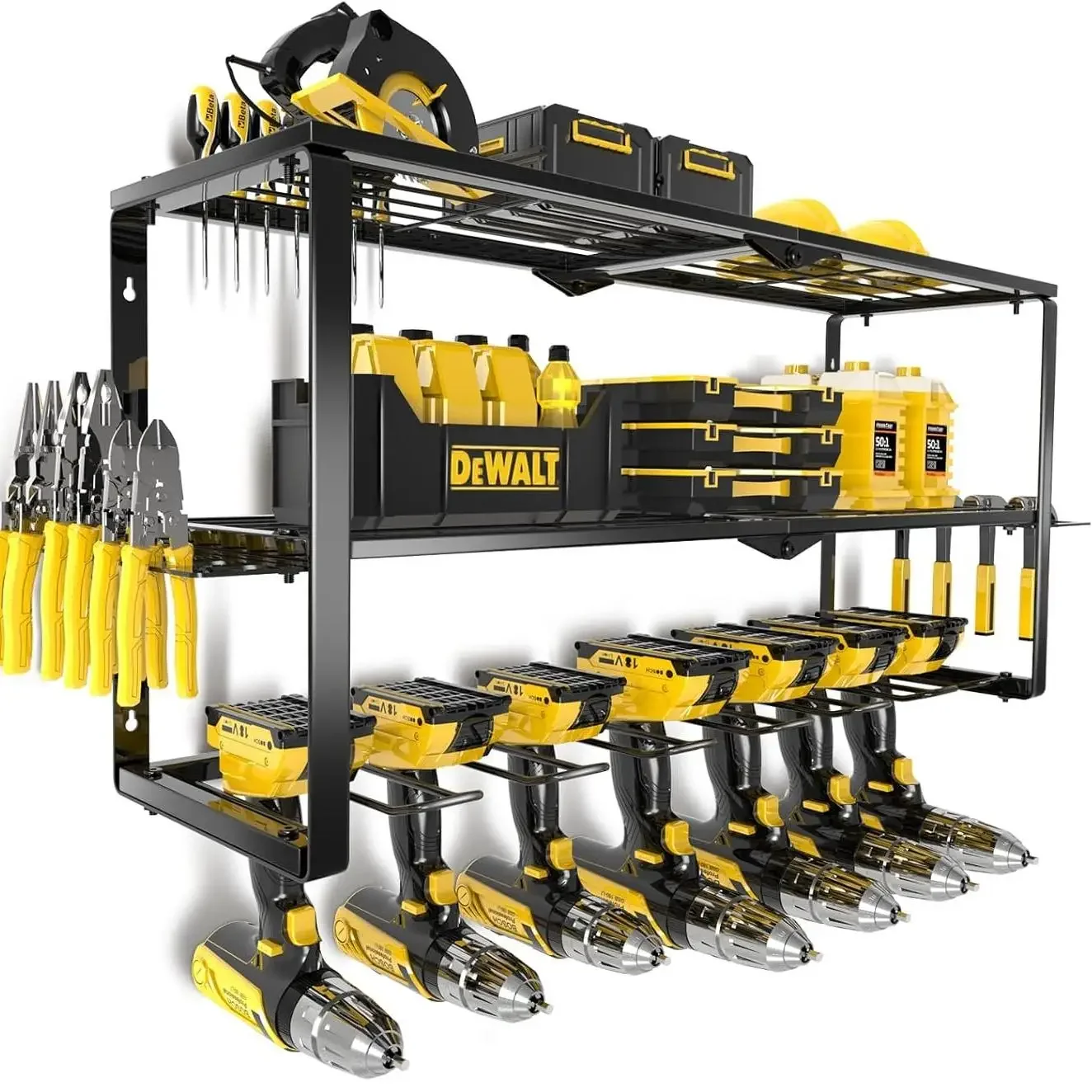 Power Tools In Workshop - ชั้นวางเครื่องมือโลหะแบบแขวนผนังสำหรับงานหนัก พร้อมที่เก็บสว่านไฟฟ้าและชั้นวางของ สำหรับโรงรถ โรงงาน หรือลานก่อสร้าง