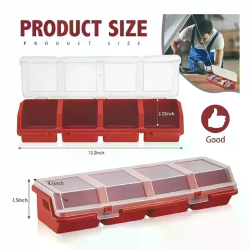 Workshop Tools Storage - กล่องเก็บสกรูพลาสติก 4 ช่อง พร้อมฝาปิดแน่นหนา สีฟ้า แดง