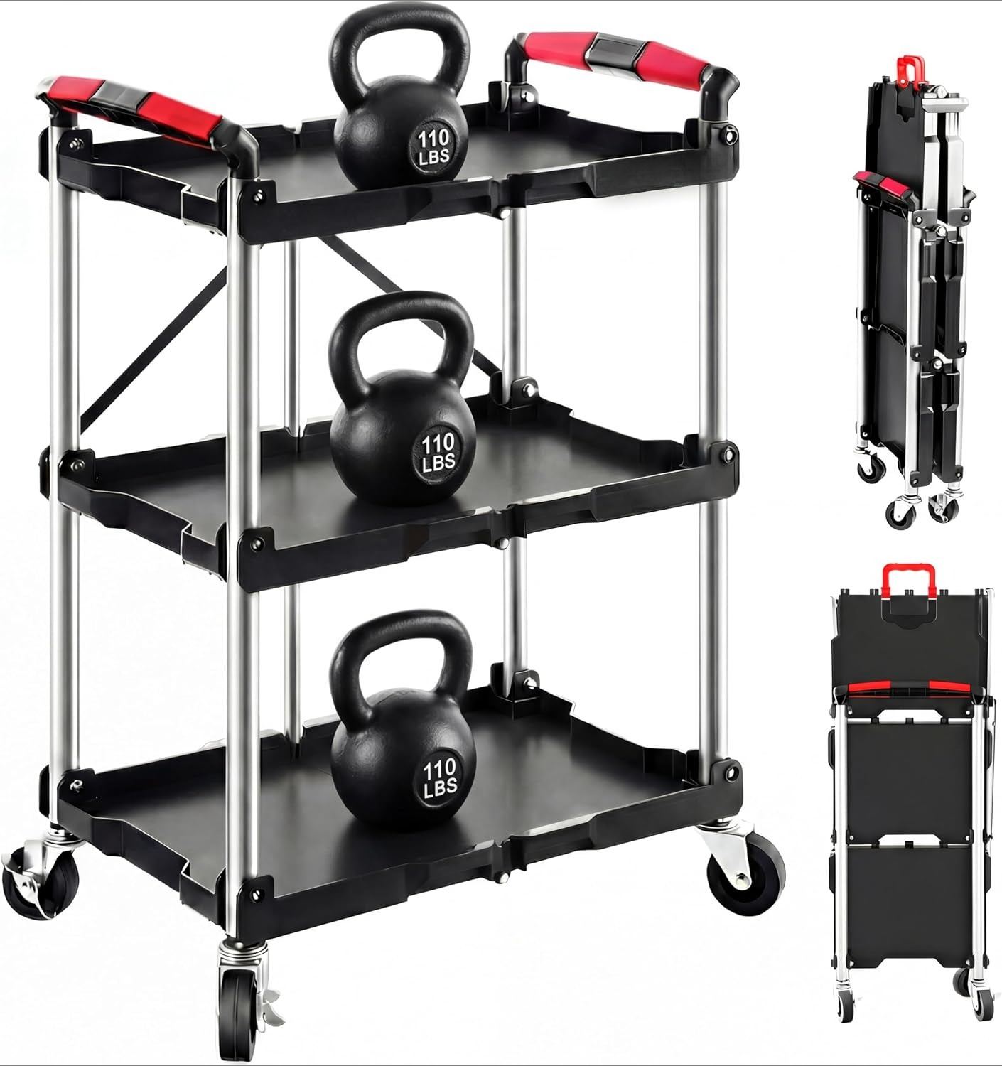 Tools For Garage Workshop - รถเข็นอเนกประสงค์แบบพับได้ 3 ชั้น รับน้ำหนักได้ 330 ปอนด์